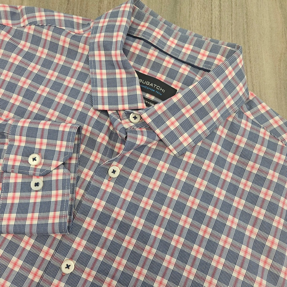 Bugatchi OoohCotton Tech Shirt Mens Large Blue Red Plaid 8-Way Stretch Longsleev